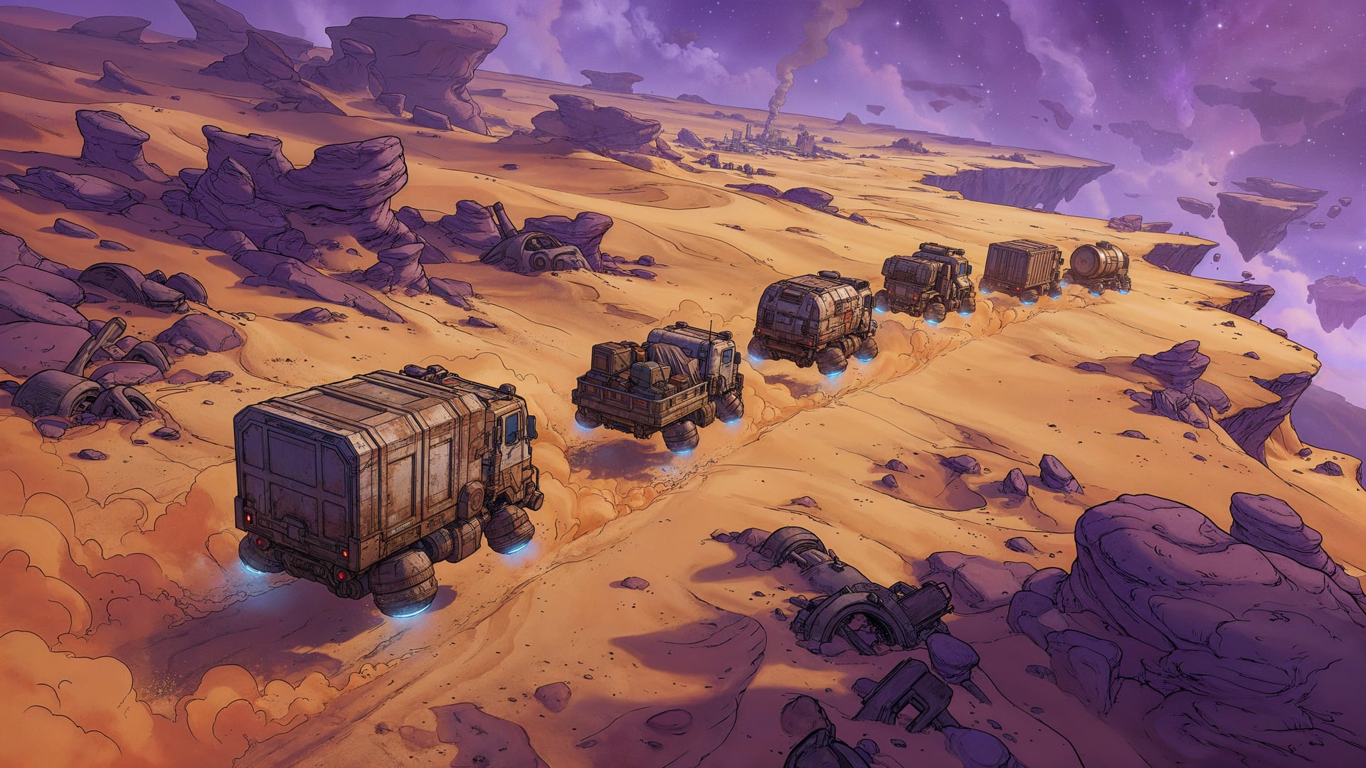 Concept art: six battered hover trucks cross an orange desert in a line, trailing dust, under a violet sky.