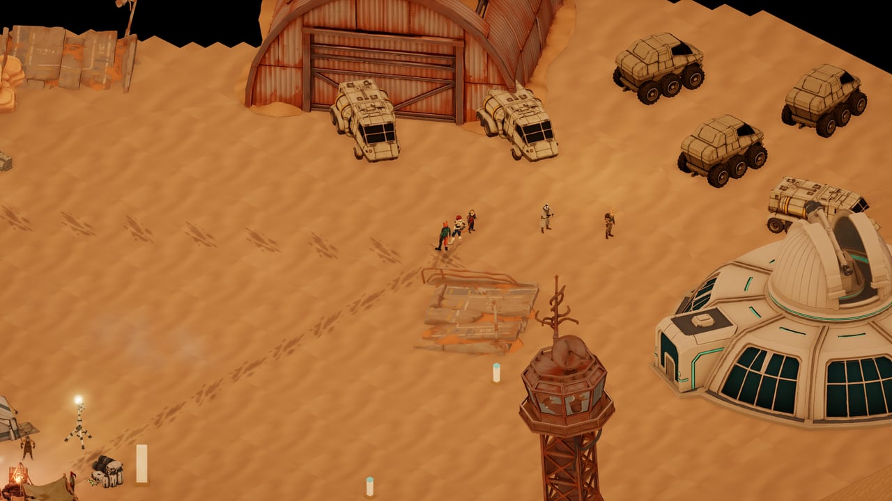 Isometric view of Sandhold: the caravan's rovers parked in the desert beside an observatory dome, with a camp of tents and a landing pad.