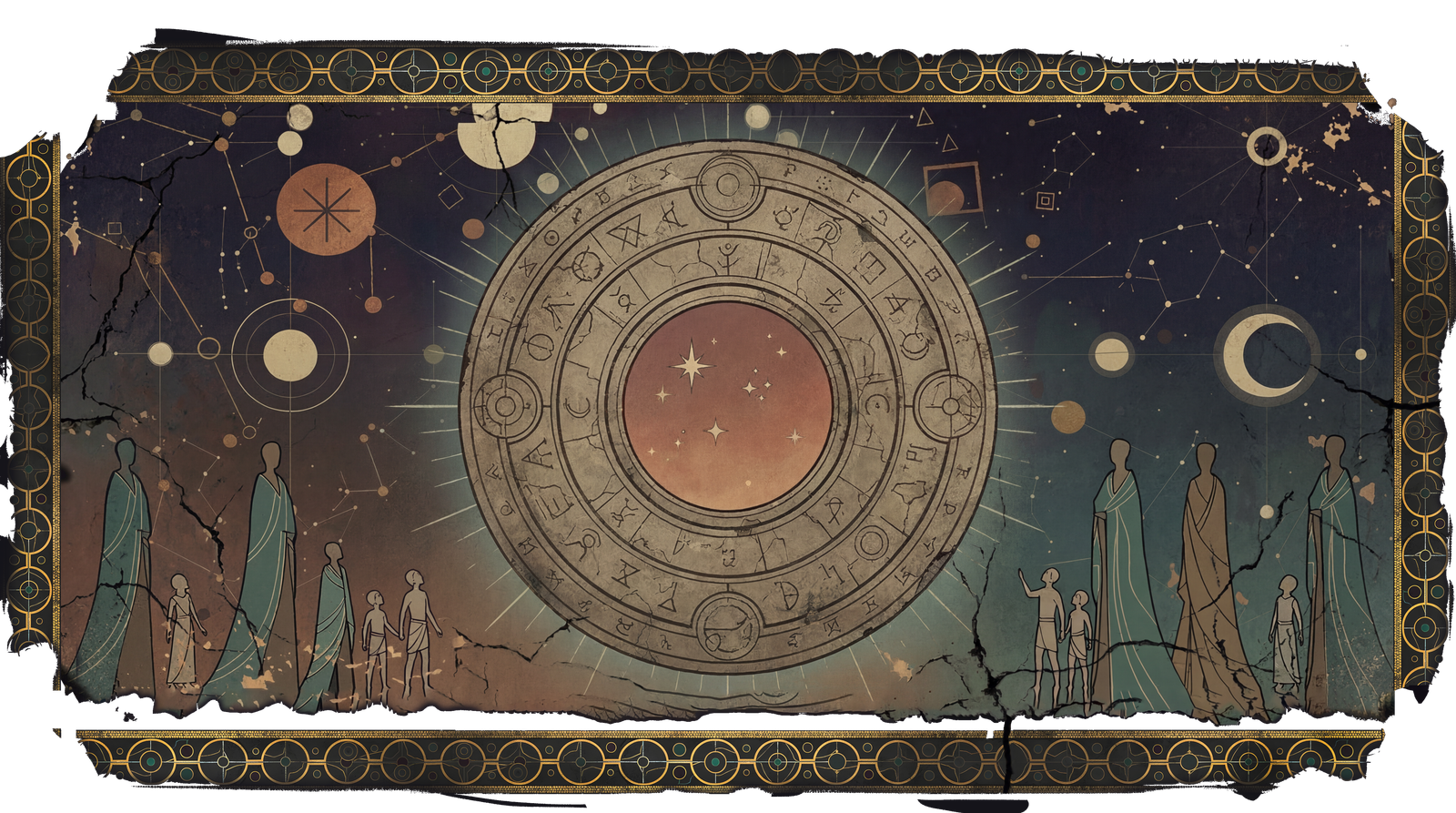 A great carved ring hangs in the sky while small figures look up at it.