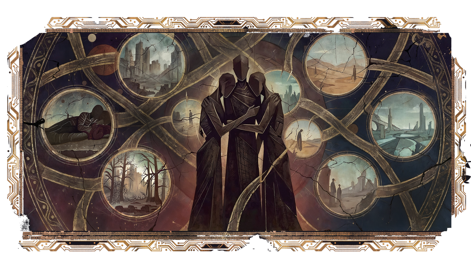 Robed figures hold each other, surrounded by windows onto ruined cities.