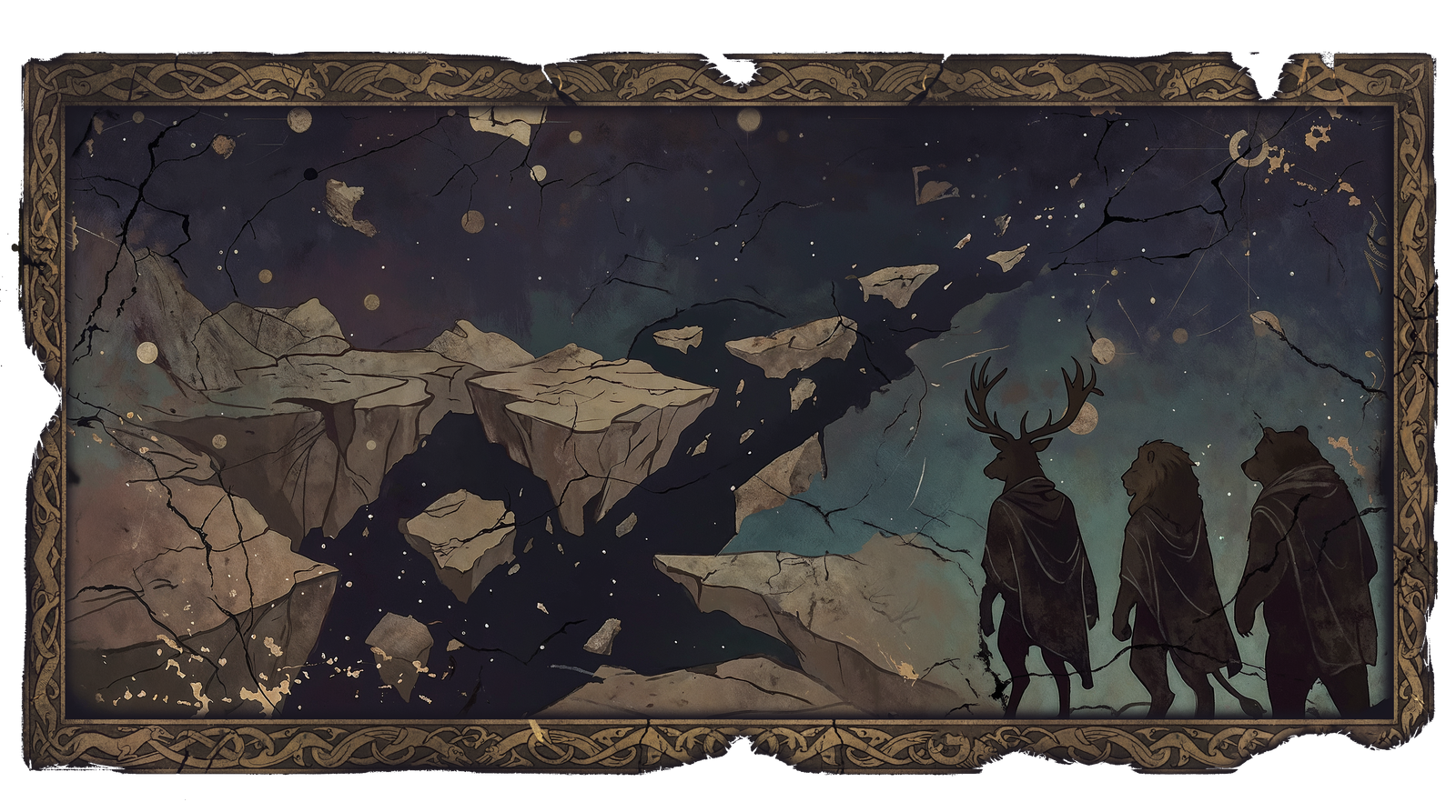 A stag, a lion and a bear in cloaks look out over broken land drifting apart.