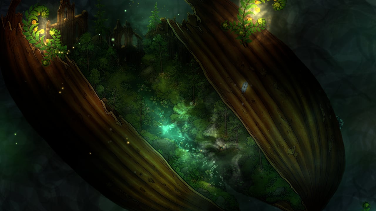 Top-down view of Briarwake, a new green forest growing inside the husk of a dead seed.