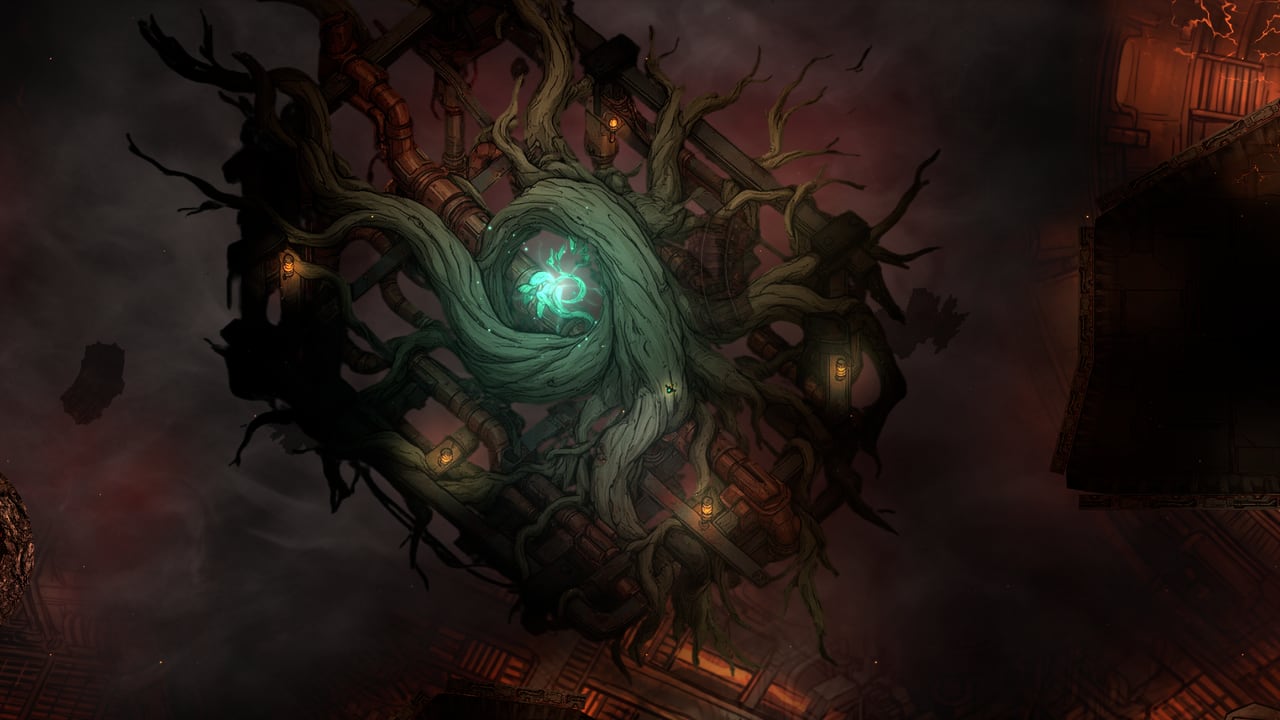 Top-down view of the Cinderworks: an enormous root breaking out of an iron extraction cage above red vapour.