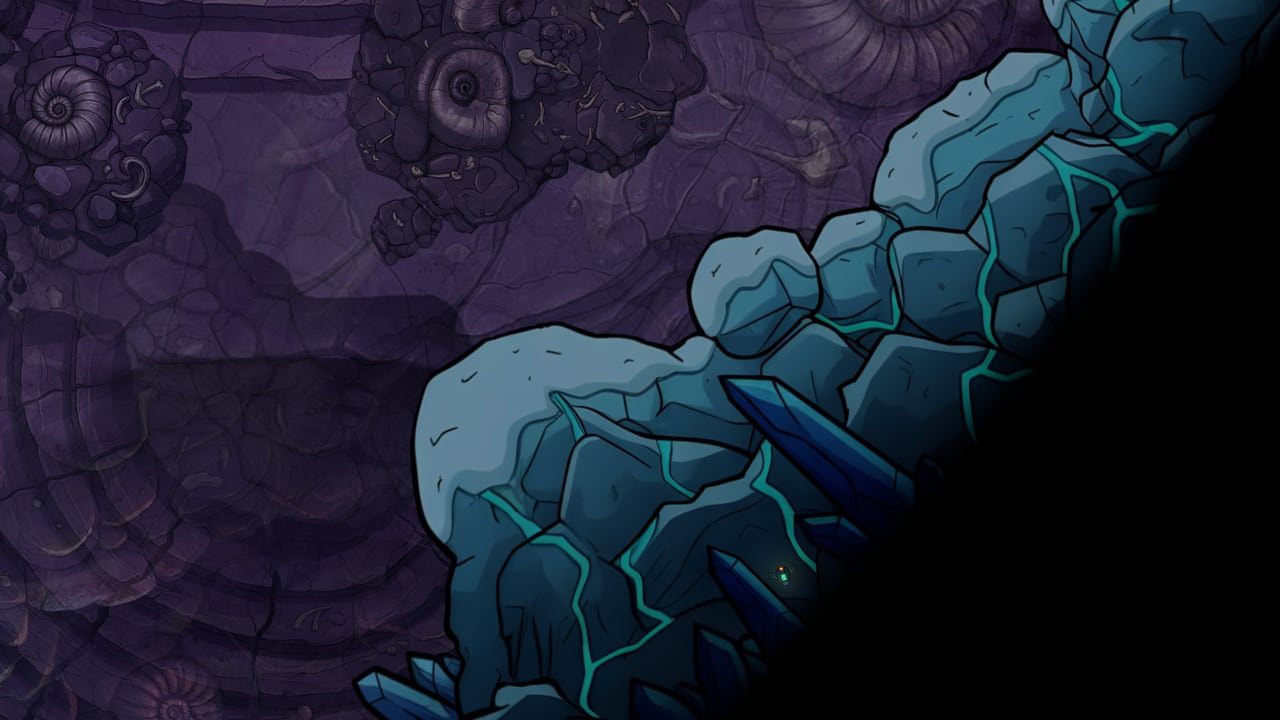 The Fossil Crown in Emberfall: coiled fossil shells in purple rock beside a frozen ridge.