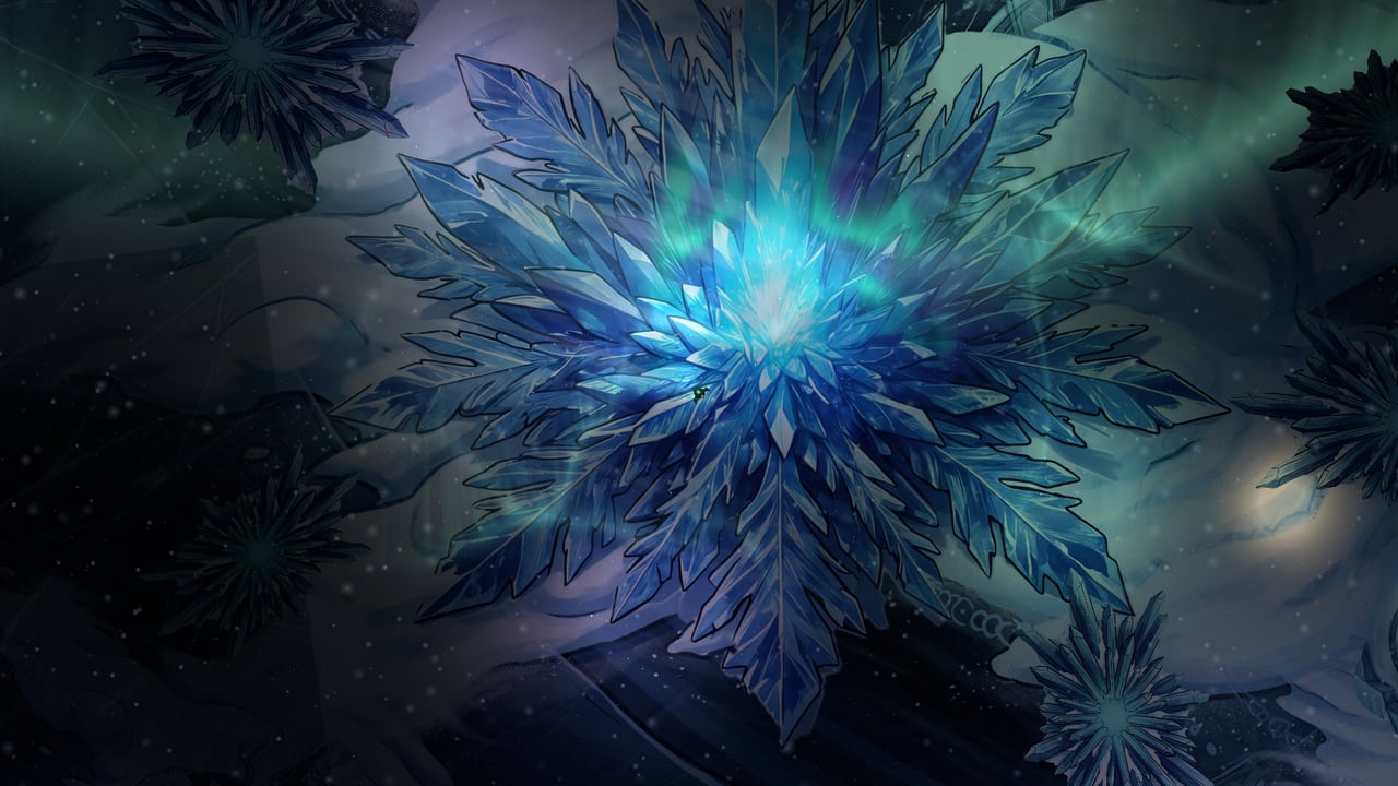Top-down view of Frostbreak: the crystal spire that draws down the aurora, glowing blue in the ice.