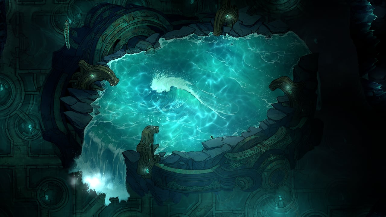 Top-down view of Saltwake's Sea in Chains, a whirl of glowing water held inside an old tidal observatory.
