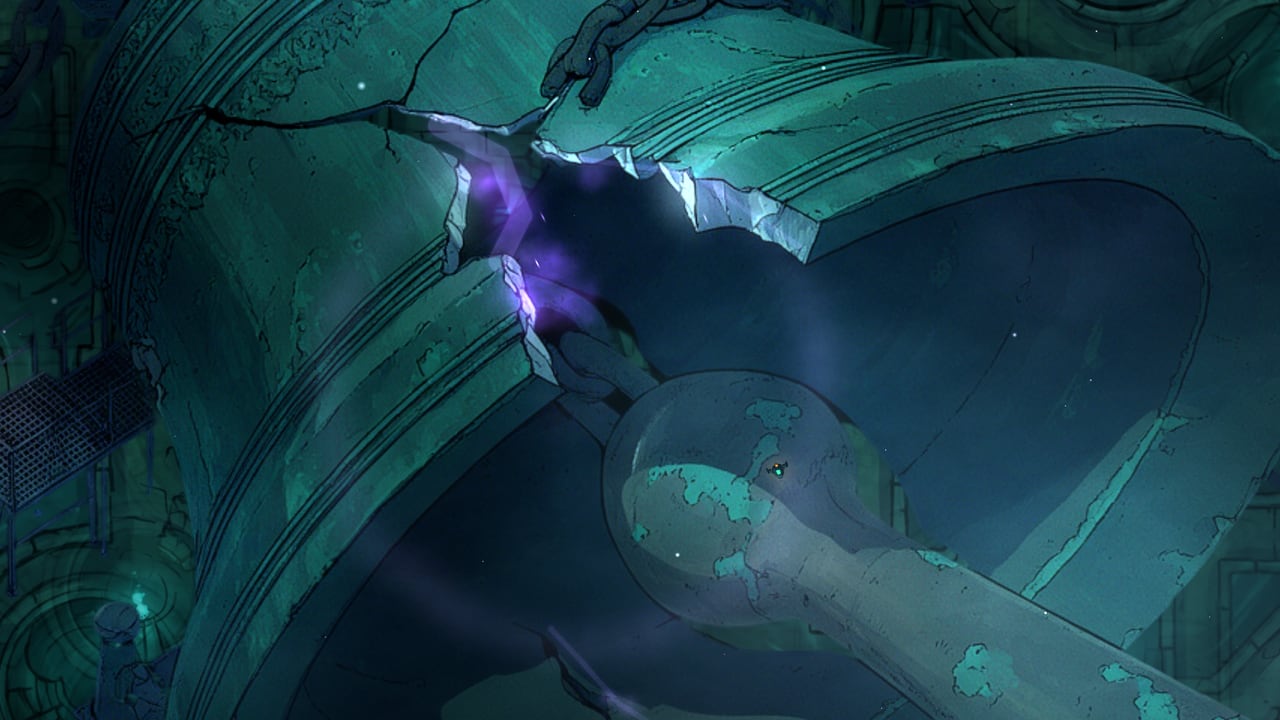 The Unrung Bell in Saltwake, cracked open with violet light inside.