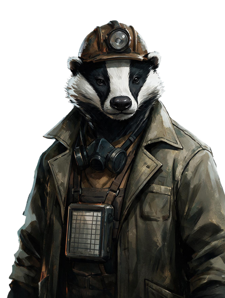 Hesta, a badger in a miner's helmet and work coat.
