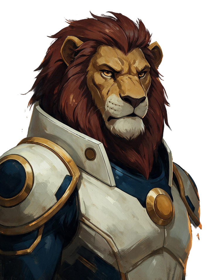 Kaelric, a lion with a red mane in white and gold armour.