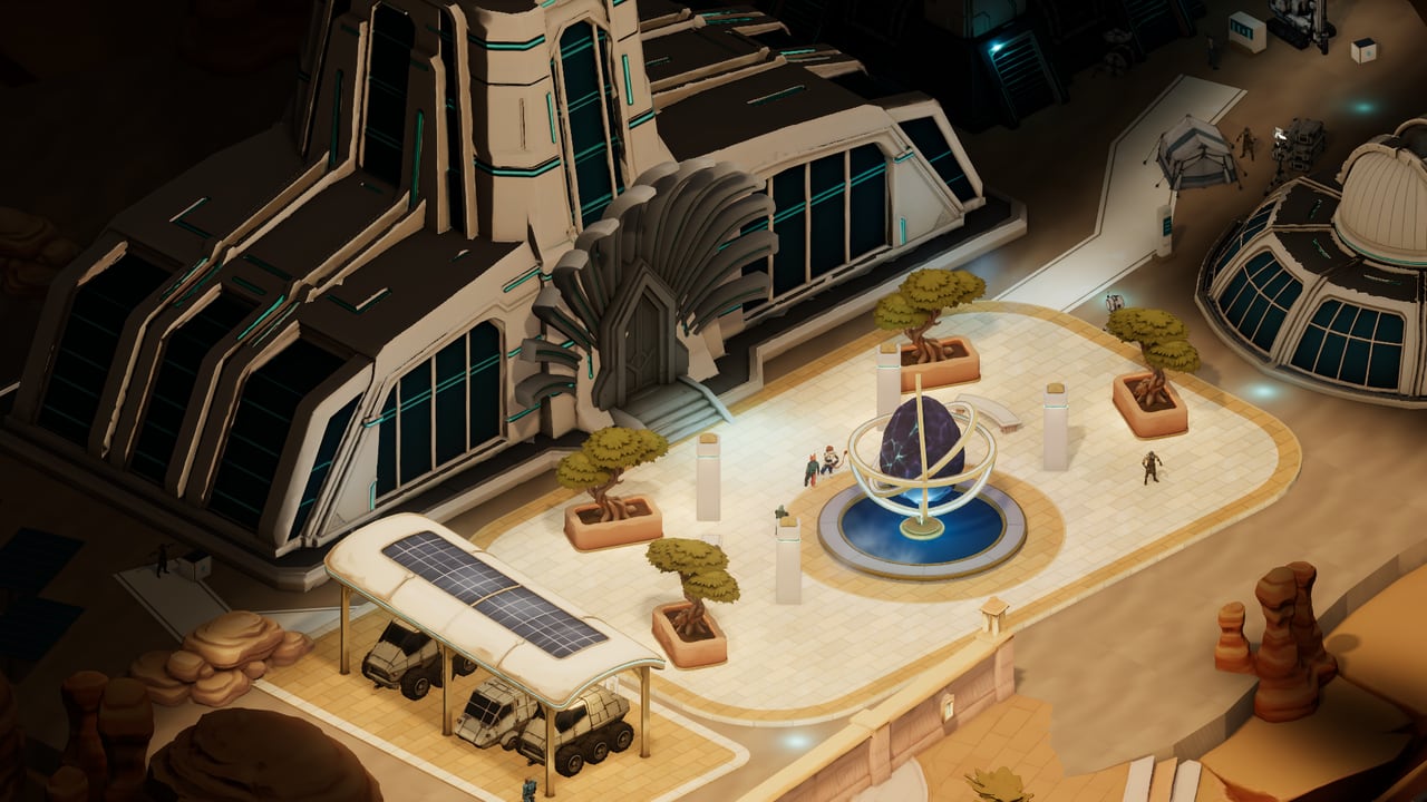Isometric view of Helion Reach: pale stone terraces and stairways climbing a desert fragment toward a research institute.