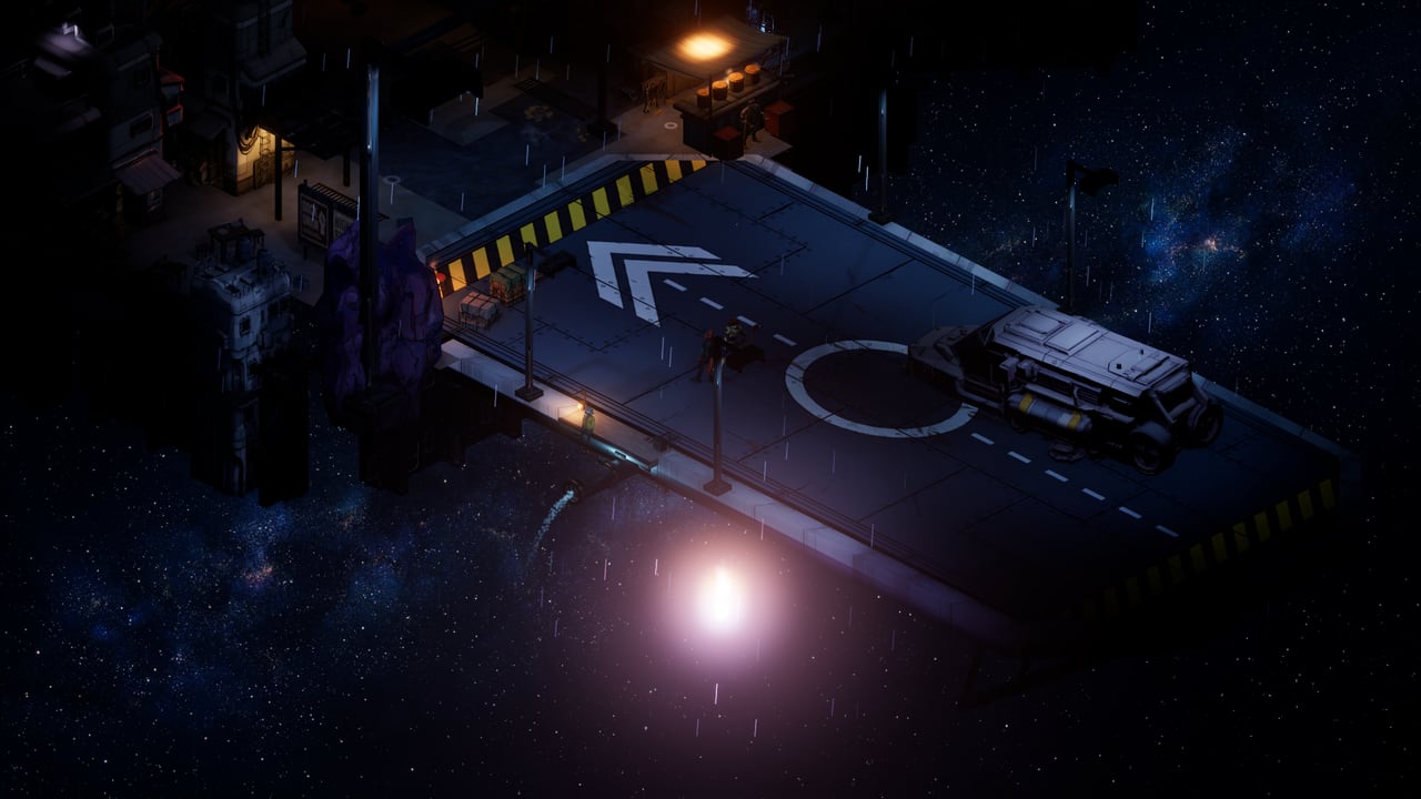 Isometric view of Slagpoint at night in the rain: the landing pad with its chevrons, the parked shuttle, and the lit stalls of the dockside beyond.