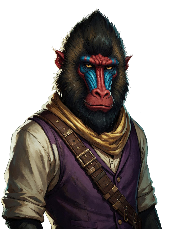 Oshin, a mandrill trader with a scarf.