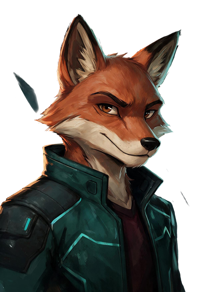 Sparks, a young red fox in a dark teal jacket.