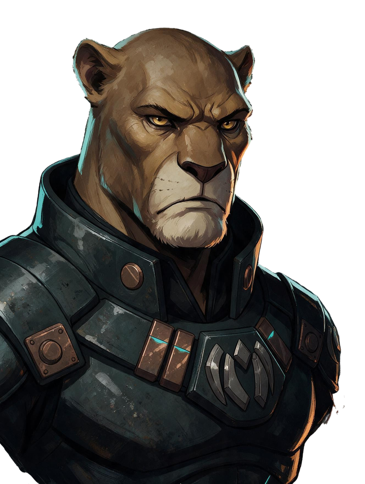 Vashan, a lion officer in dark armour.